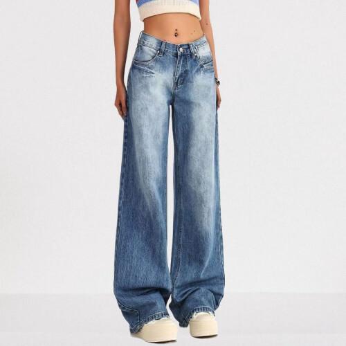Damjeans med låg midja, grå, vida ben 2