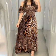 Damen-Boho-Kleid mit Leopardenmuster und schulterfreiem Ausschnitt