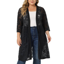 Plus Size Dame Cardigan i Blonde med 3/4 Ærmer i Mørkesort