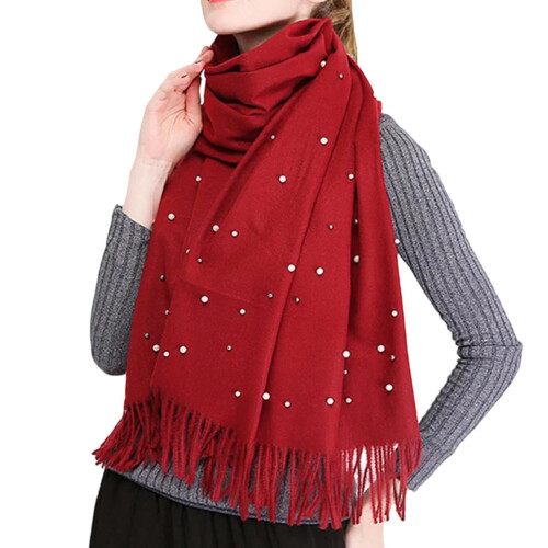 Xale feminino de cor sólida com decoração em pérolas e franjas.
