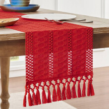 Camino de mesa bohemio de macramé color marfil, decoración rústica, 30 x 162 cm.