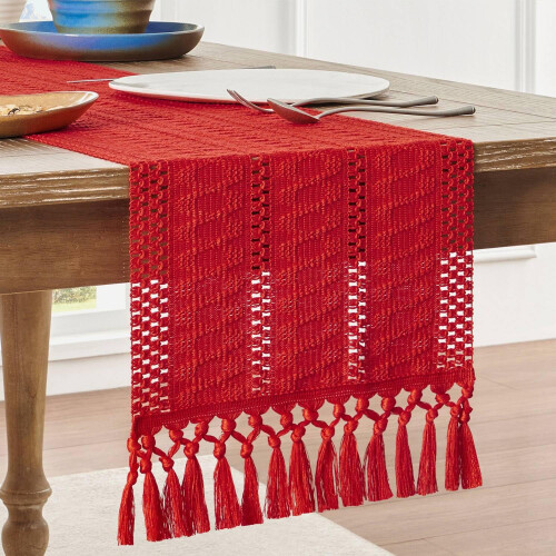 Traversă de masă boho, decor rustic din macrame fildeș, 30x160 cm