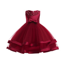 Girls' Solid Pearl-Net Dress with Bowknot, 1 piece