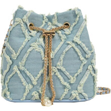 Bolsa saco jeans feminina transversal estilo hobo com cordão
