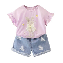 Set ținută de Paște pentru fete, top cu fundă de iepuraș și pantaloni scurți din denim roz