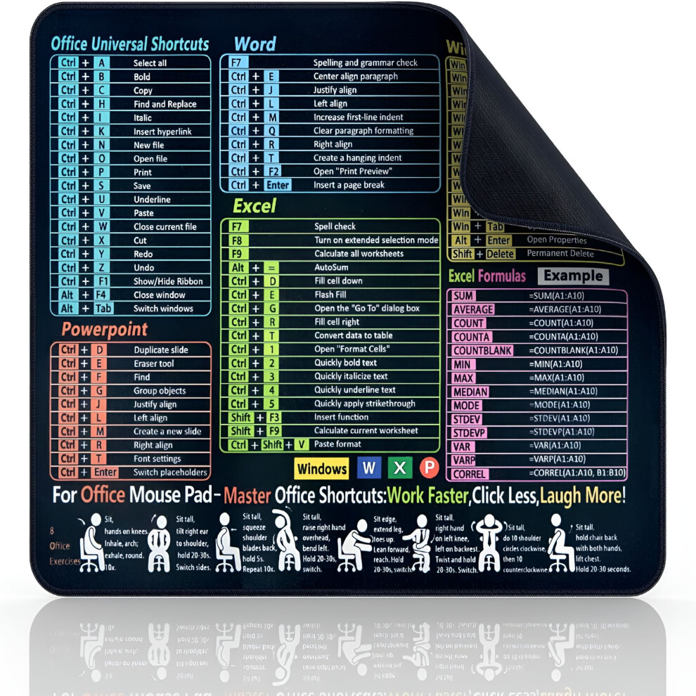 Mouse Pad With Excel Shortcut Sheet 11.8X9.8 Inch Black 9329345497391