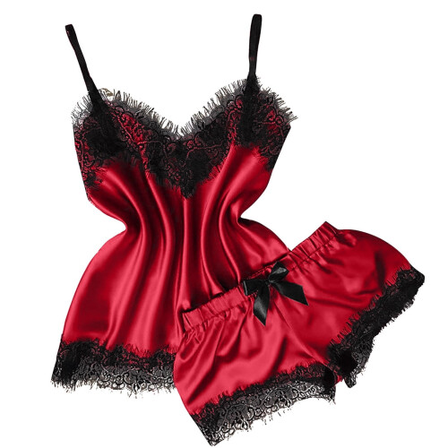 Conjunto feminino de regata e shorts com decote em V e renda, vermelho.