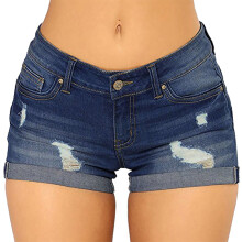 Shorts jeans femininos azuis de cintura baixa, com elastano e rasgos.