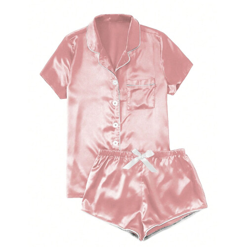 Dames satijnen pyjamaset roze maat L