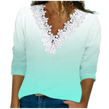 Mintgrünes, langärmeliges Crop-Top für Damen mit lockerem Spitzen-V-Ausschnitt