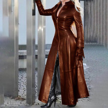 Manteau long en similicuir marron pour femme, taille XXL
