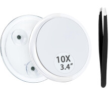 Espejo de aumento 10X con ventosa y pinzas, color blanco.