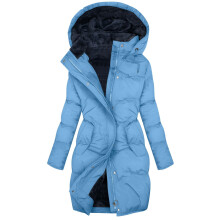 Lange gewatteerde damesjas met capuchon, blauw, maat L