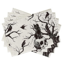 Halloween placemats met doodskop en zwarte kat, 4 stuks, 12x18 inch