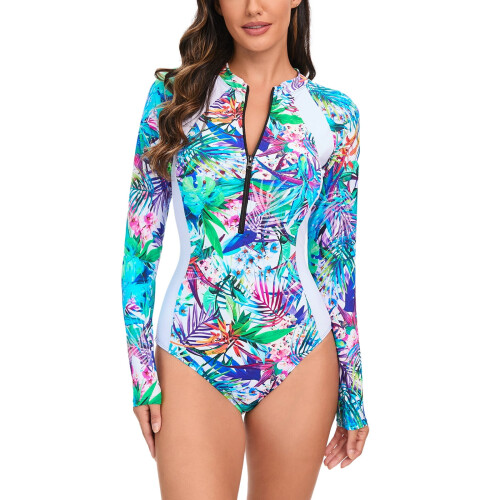 Γυναικείο Μαγιό με Μακρυμάνικο Rash Guard Ανοιχτό Μπλε Φύλλο