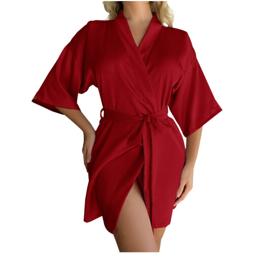 Women's silk-like V-neck open-front short robe S-XL