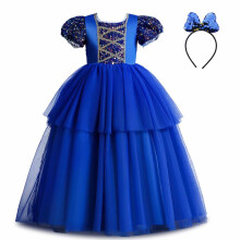 Paillettenbesetztes Spitzenkleid für Mädchen mit Puffärmeln und Schleife