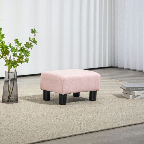 Pink Linen Cube Ottoman Foot Stool with Plastic Legs
