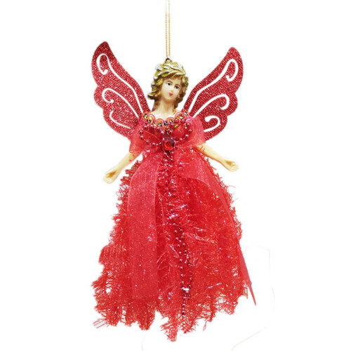 Red Victorian angel tree ornament with sparkle feathers 1
