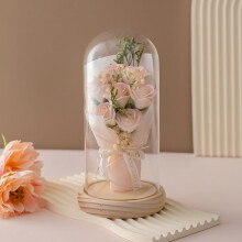 Rose nattlys med 7 rosa tommelblomster og treglass