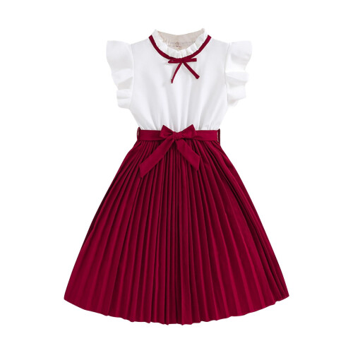 Abito midi rosso da bambina con volant e cintura, maniche corte, ideale per l'estate.