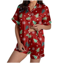 Kerstpyjamaset van satijn met rendierprint voor dames, kort