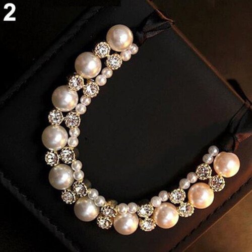 Collana girocollo da donna con perle finte e strass bianchi