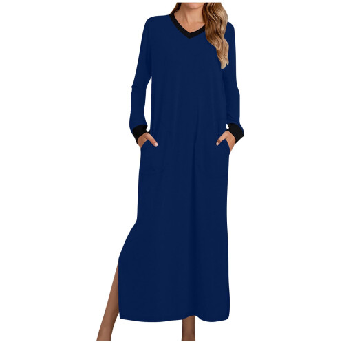Camicia da notte da donna a maniche lunghe con scollo a V, tasca e lato