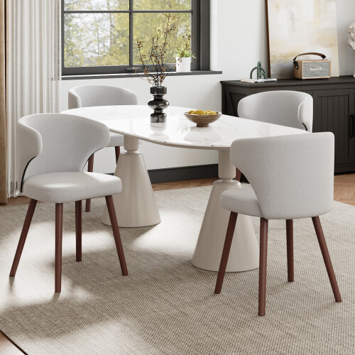 2Pcs Grey Chenille Upholstered Dining Chairs Curved Wing Back Solid Walnut Wood Legs Modern Kitchen Side Chairs 1