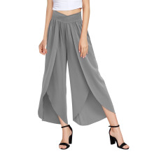 Calças pantalonas femininas de cintura alta e pernas largas, cinza.