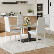 4Pcs White PU Leather Dining Chairs Horizontal Striped High Back Armless Side Chairs with White Metal Legs