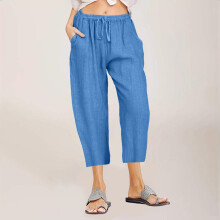 Damen-Baumwoll-Leinen-Cropped-Hose mit elastischem Bund und weitem Bein