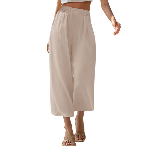 Pantaloni da donna a gamba larga in cotone e lino, lunghezza 7/8, con tasche.