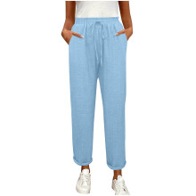 Damesbroek met rechte pijpen, effen kleur, elastische taille, slim fit