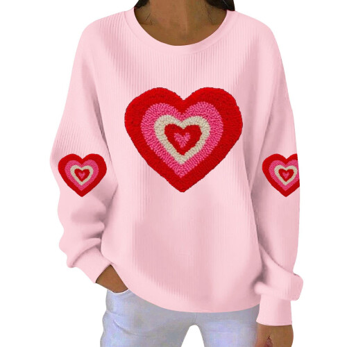 Felpa da donna a coste con scollo rotondo e cuore per San Valentino, lunga