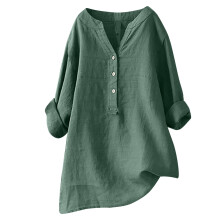 Túnica de algodón y lino para mujer, cuello redondo, manga tres cuartos.