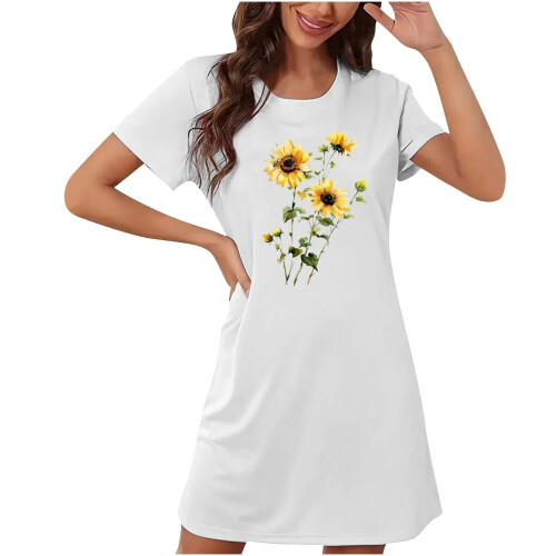 Camicia da notte da donna con stampa girasoli, scollo rotondo e maniche corte