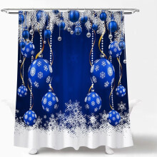 Blauer Duschvorhang mit Weihnachtskugeln, Schneeflocken und