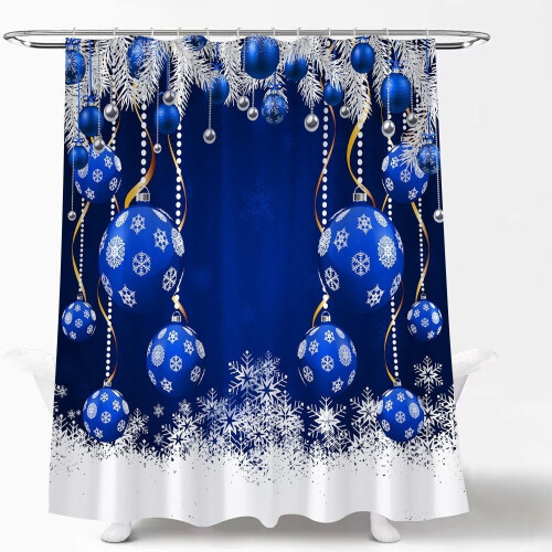 Blauer Duschvorhang mit Weihnachtskugeln, Schneeflocken und