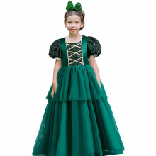Paillettenbesetztes, bauschiges Spitzenkleid für Mädchen mit Schleife und Puffärmeln
