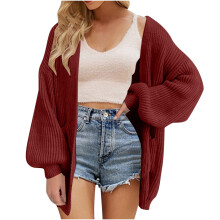 Dame bordeaux ensfarvet løs strikket cardigan