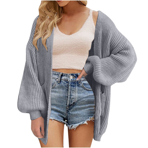Γυναικείο μονόχρωμο γκρι ζακέτα με oversized πλεκτό πουλόβερ