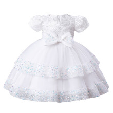 Mädchen Tüll-Prinzessinnenkleid, weiß, kurzärmelig, Spitze, Schleife, Mesh
