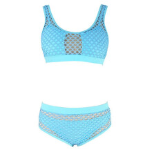 Damesbikini met open details en visnetpatroon, blauw, hoge taille.
