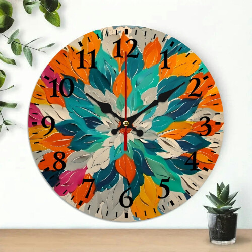 Väggklocka i trä med orange dahliablomma, 25 cm