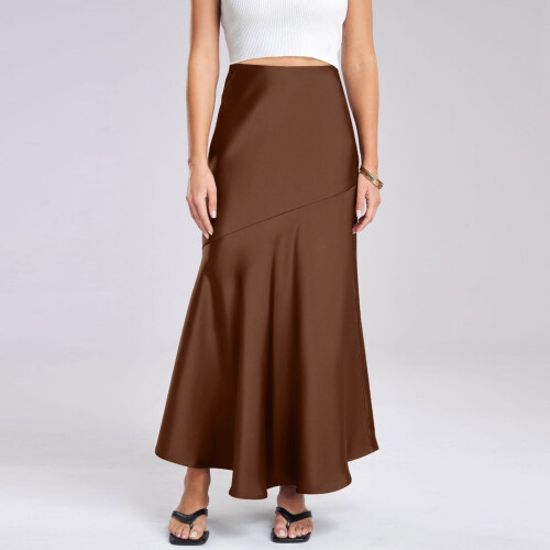 Dame satin højtaljet lang nederdel brun XL
