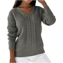 Løs strikket sweater med V-hals og lange ærmer til kvinder, grå