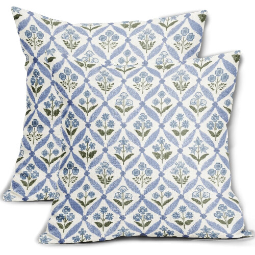 Fodere per cuscini con stampa floreale a blocchi, blu e verde, 18x18 cm, set da 2