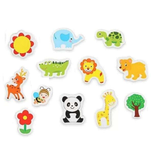 Conjunto de 12 ímãs de geladeira com motivos de animais e natureza, multicoloridos. 1