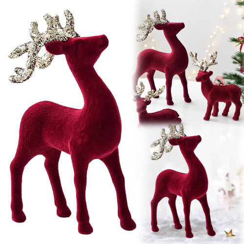Wine Red Glitter Deer Statue Flocking Holiday Decor 1